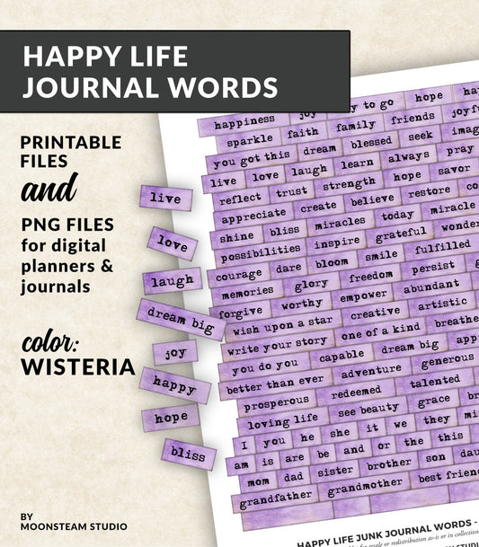 Happy Life Journal Words in Wisteria