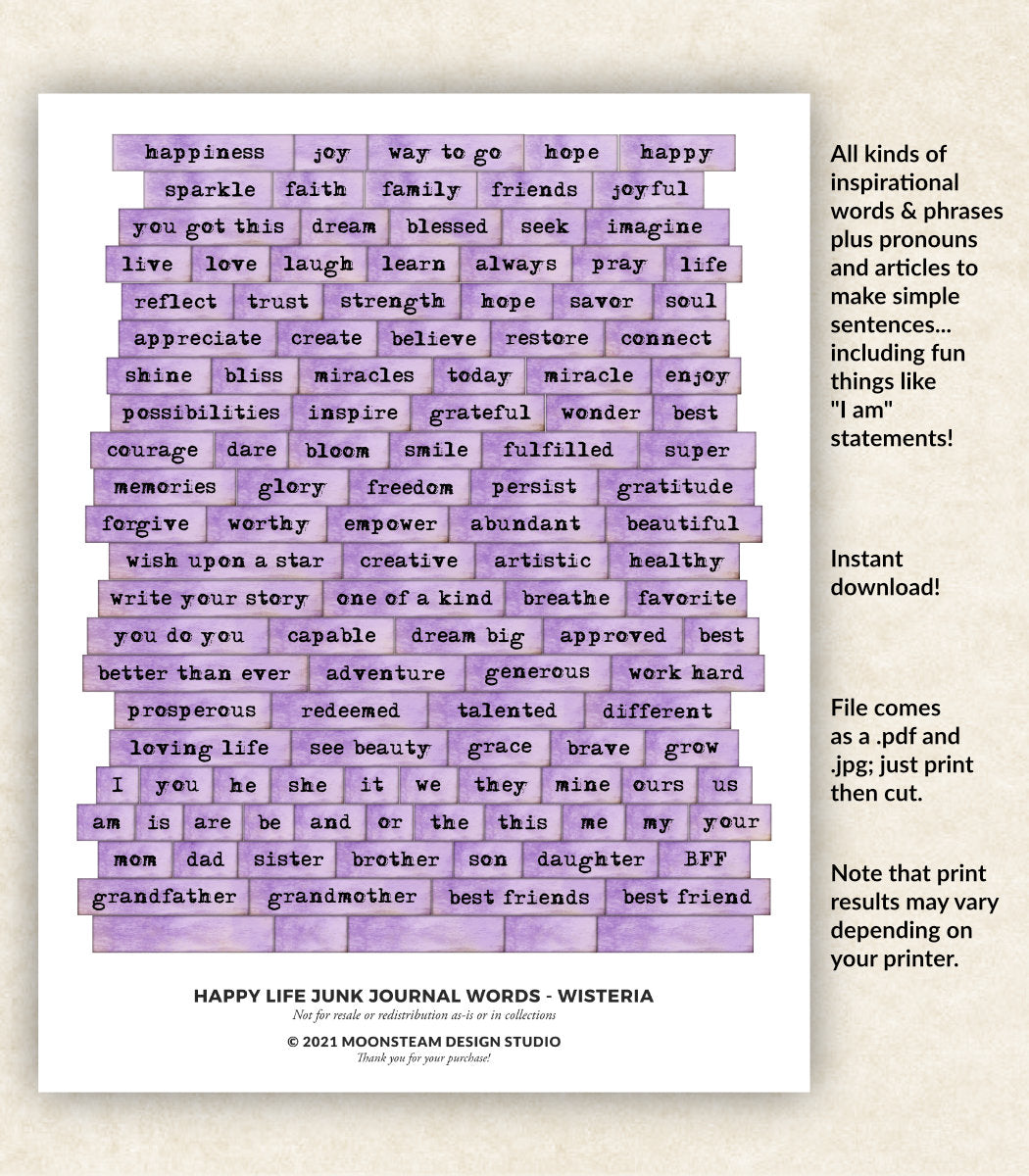 Happy Life Journal Words in Wisteria
