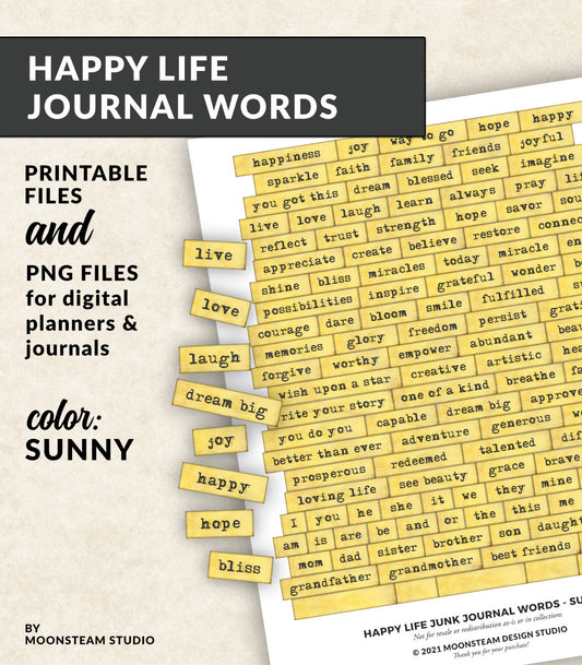 Happy Life Journal Words in Sunny Yellow