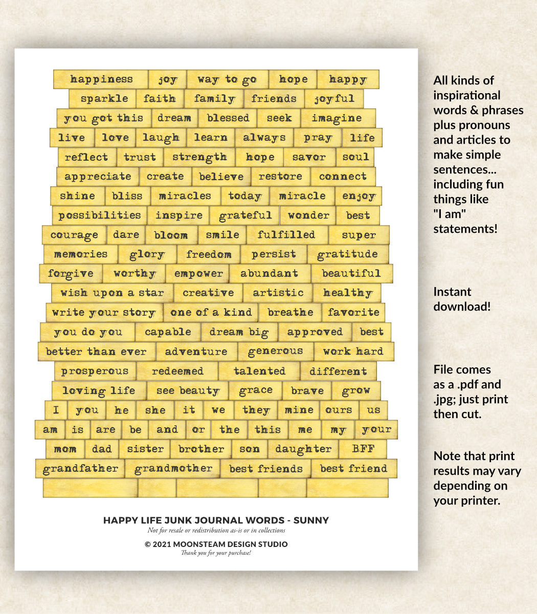 Happy Life Journal Words in Sunny Yellow