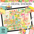 Digital planner sticker set preview titled 'summer fun DIGITAL STICKERS' with tropical floral designs, weekday and weekend labels, pastel color blocks, and a stylus on a white background.
