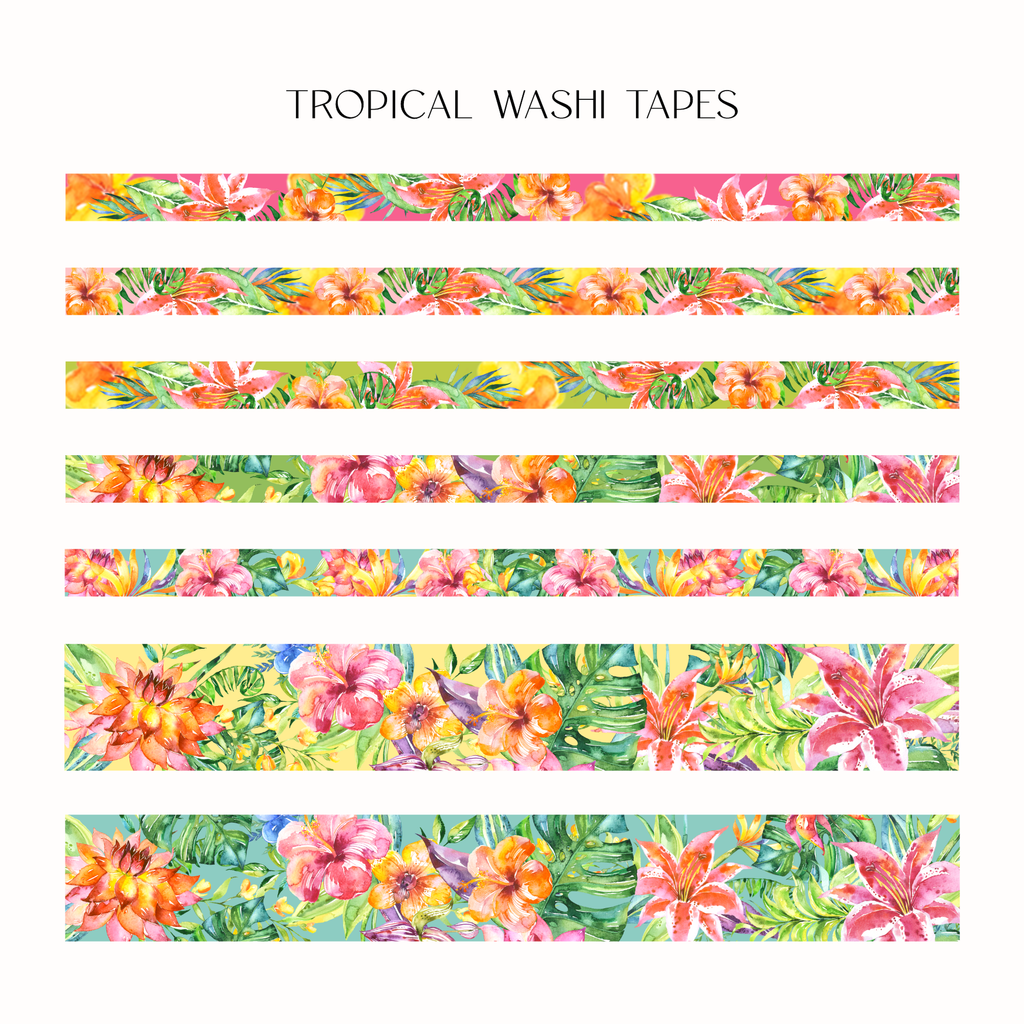 Seven horizontal strips of tropical floral washi tape under the text 'TROPICAL WASHI TAPES'. The designs feature vibrant watercolor-style hibiscus flowers, palm leaves, and other tropical foliage in pink, orange, yellow, green, and blue.