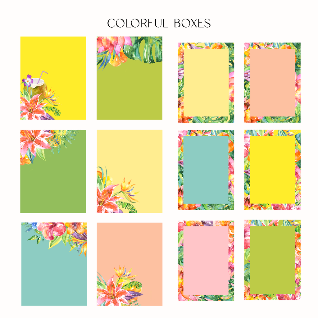 A grid of colorful rectangular boxes with tropical floral and leaf borders under the text 'COLORFUL BOXES'. The boxes feature solid colors like yellow, green, pink, peach, and blue, with some decorated with watercolor flowers and leaves.