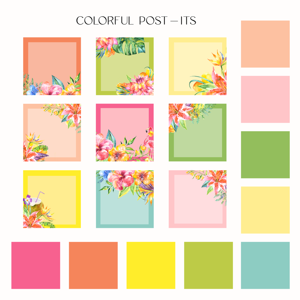 A colorful grid of tropical floral post-it notes and matching color swatches with the text 'COLORFUL POST-ITS' at the top.