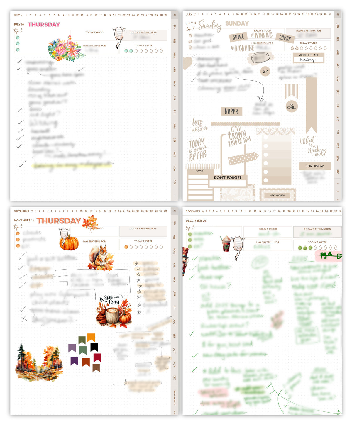 Four daily planner pages arranged in a 2x2 grid, showing how the pages have been used, including blurred-out handwriting and decorative illustrations.
