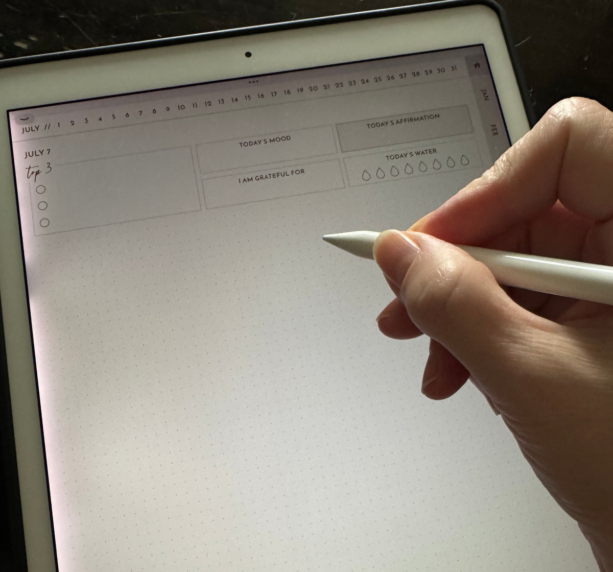 A close-up of a hand holding a white stylus pen, pointing toward a digital planner screen displayed on a tablet. The screen shows a daily planning layout with fields for today's mood, information, gratitude, and water intake.