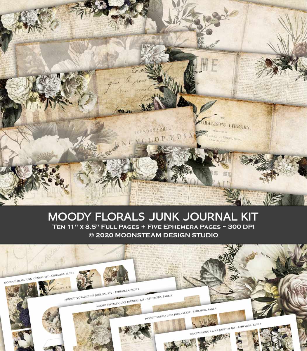 Junk journal kit: Moody Florals (neutral colors)