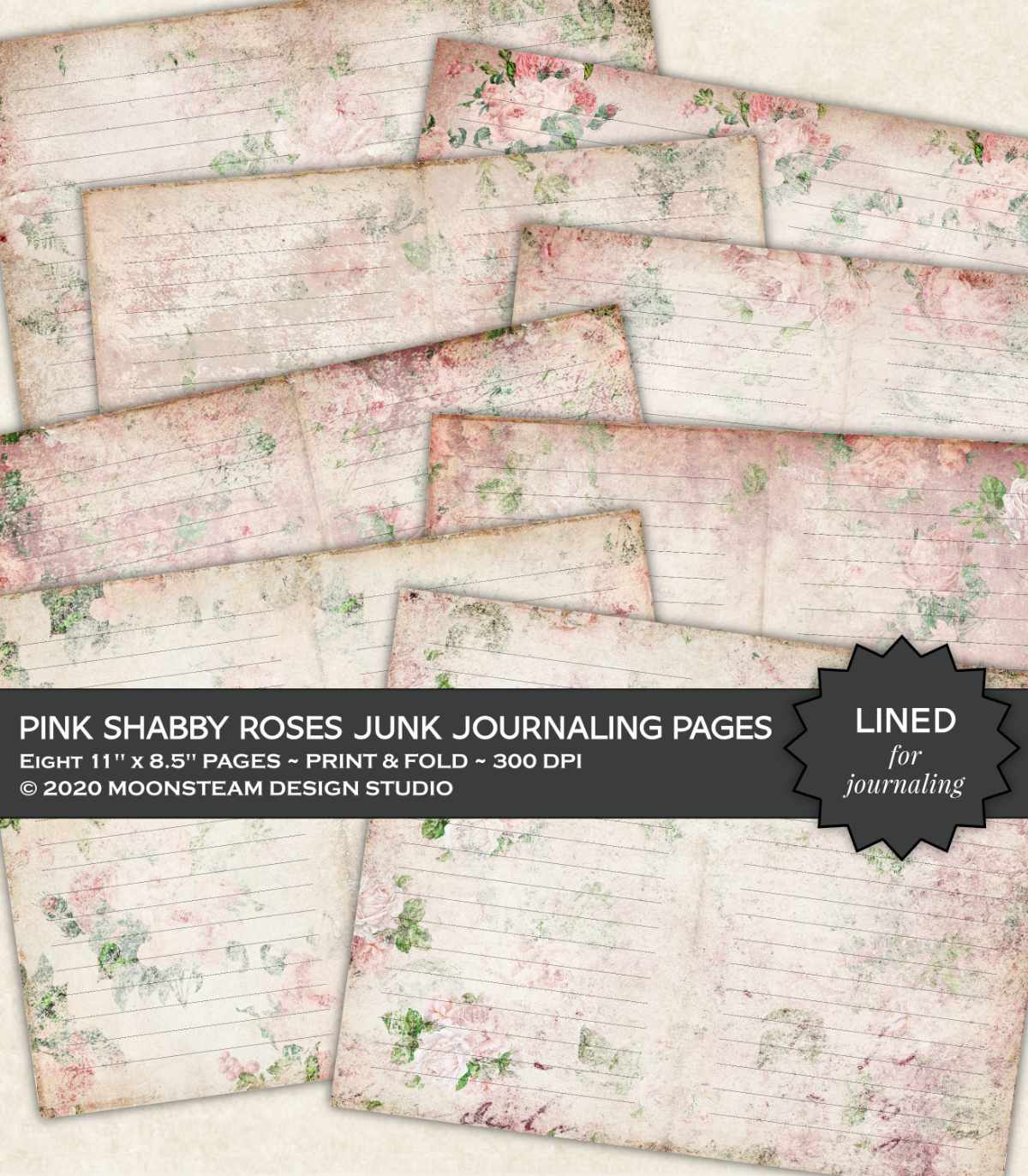 Pink Shabby Roses Lined Junk Journal Pages
