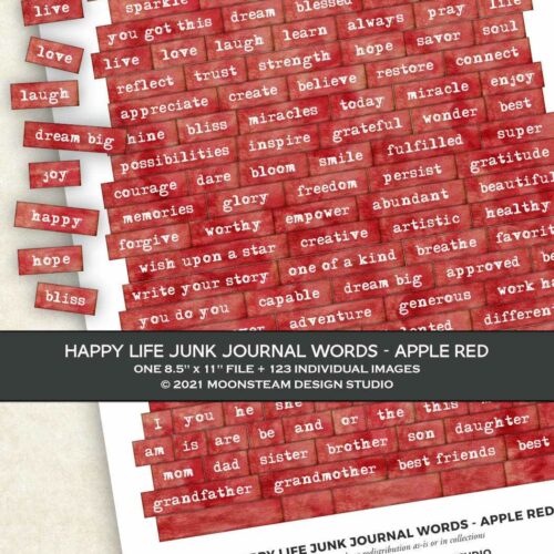 Happy Life Junk Journal Words in Apple Red by Moonsteam Design Studio