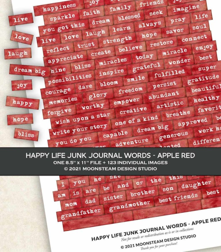 Happy Life Junk Journal Words in Apple Red by Moonsteam Design Studio