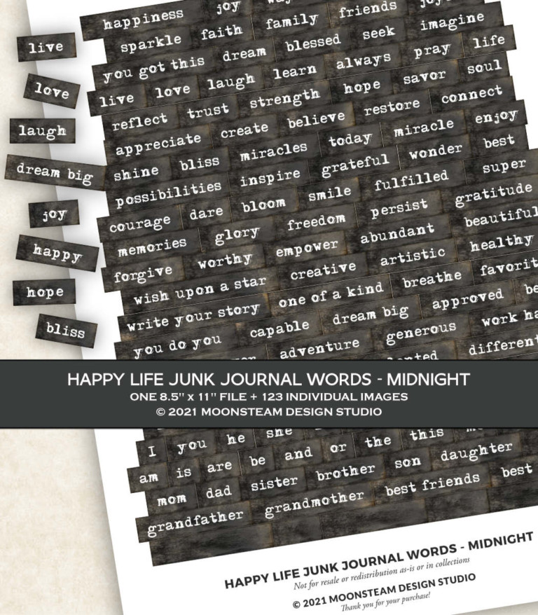 Happy Life Junk Journal Words in Midnight by Moonsteam Design Studio