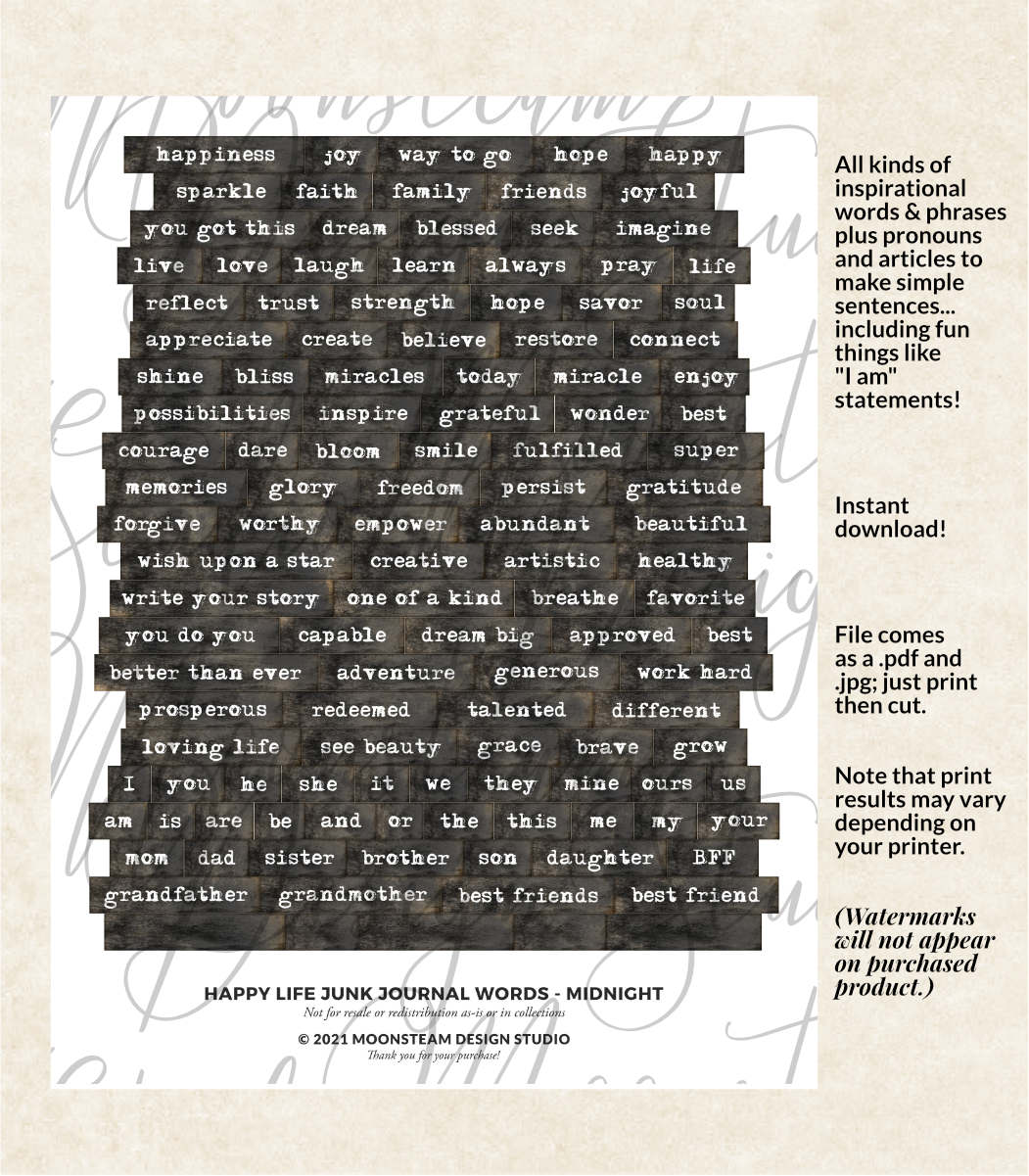 Happy Life Junk Journal Words in Midnight - detail