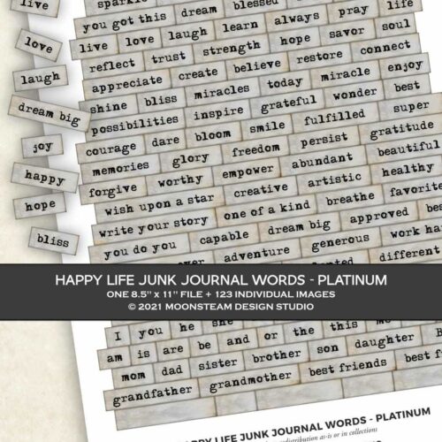 Happy Life Junk Journal Words in Platinum by Moonsteam Design Studio