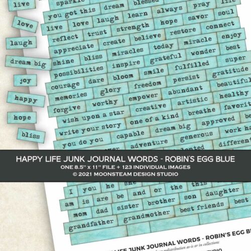 Happy Life Junk Journal Words in Robin's Egg Blue by Moonsteam Design Studio