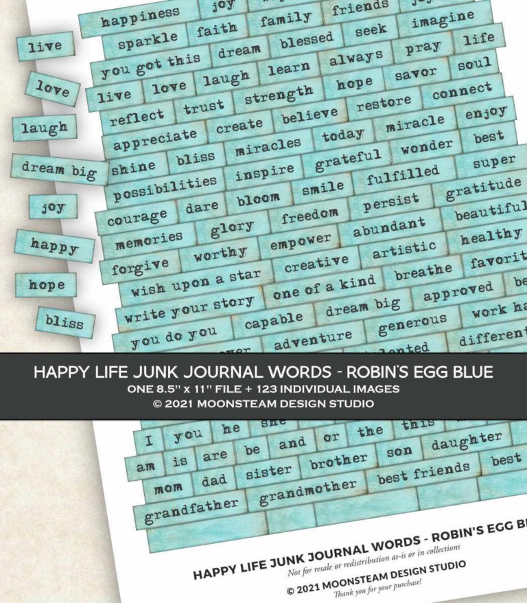 Happy Life Junk Journal Words in Robin's Egg Blue by Moonsteam Design Studio