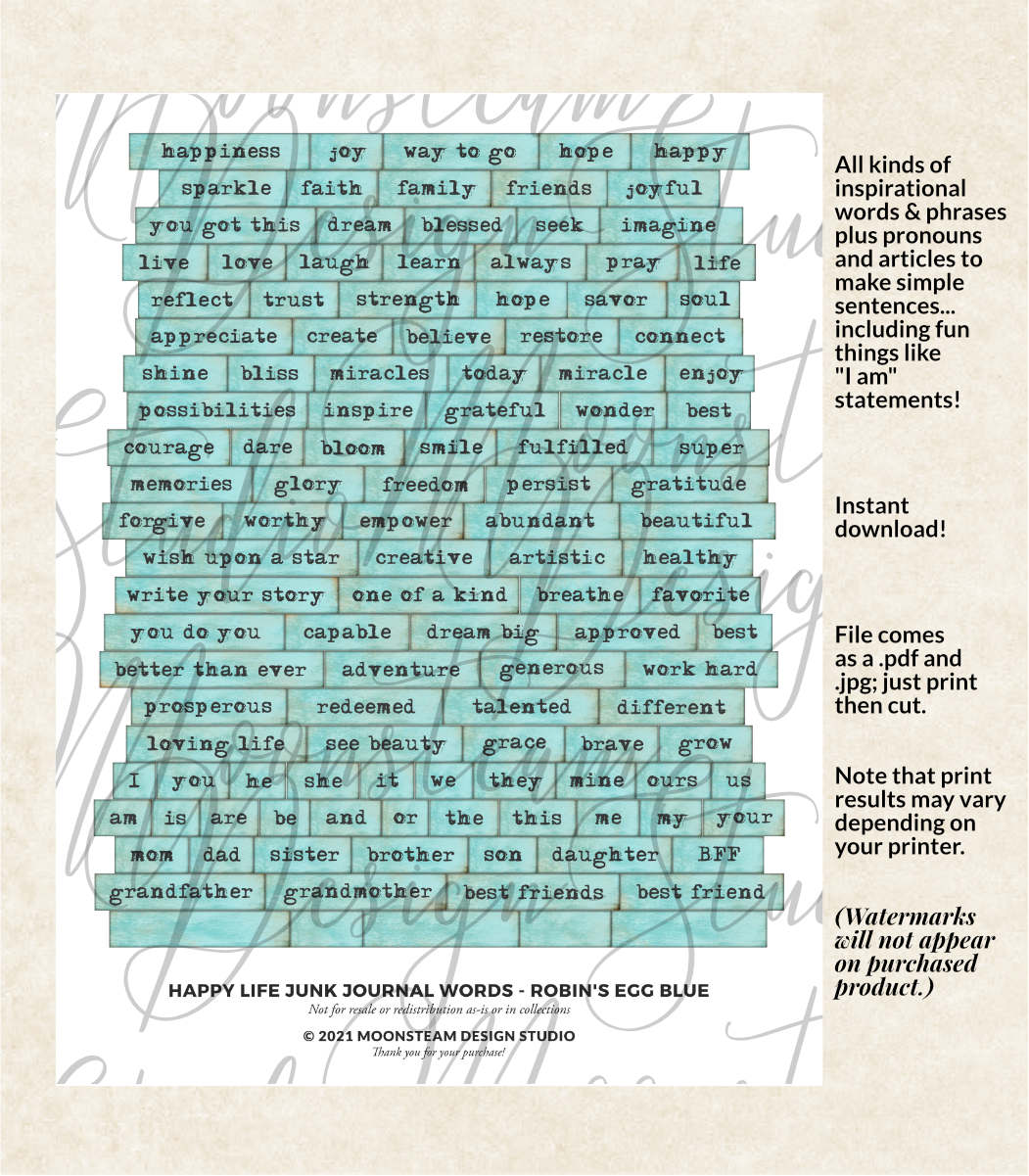 Happy Life Junk Journal Words in Robin's Egg Blue - detail