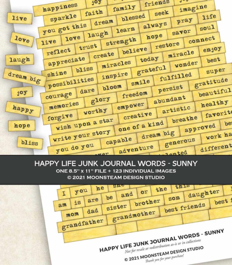 Happy Life Junk Journal Words in Sunny by Moonsteam Design Studio