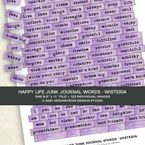 Happy Life Junk Journal Words in Wisteria by Moonsteam Design Studio