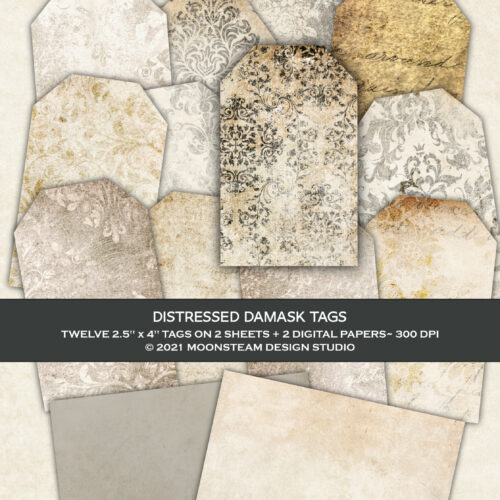 Distressed Black Damask Printable Tags by Moonsteam Design Studio
