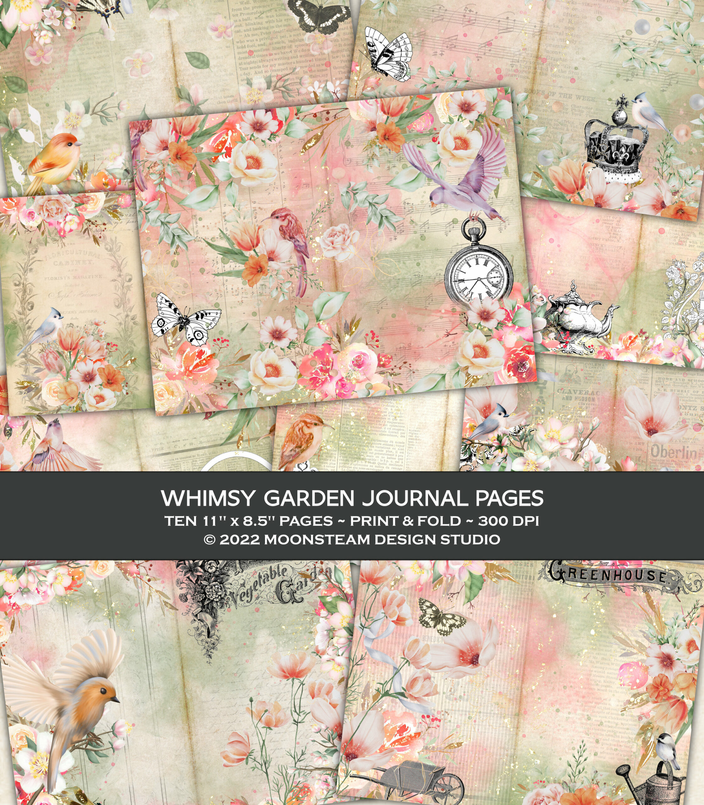 Whimsy Garden Junk Journal Pages by Moonsteam Design Studio