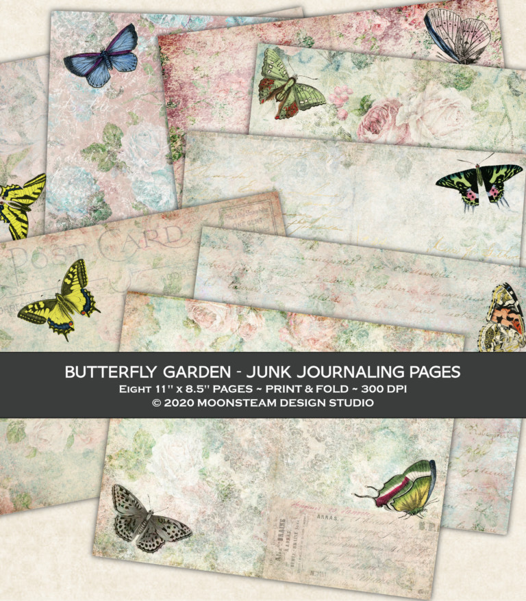 Butterfly Garden Junk Journal Pages by Moonsteam Design Studio