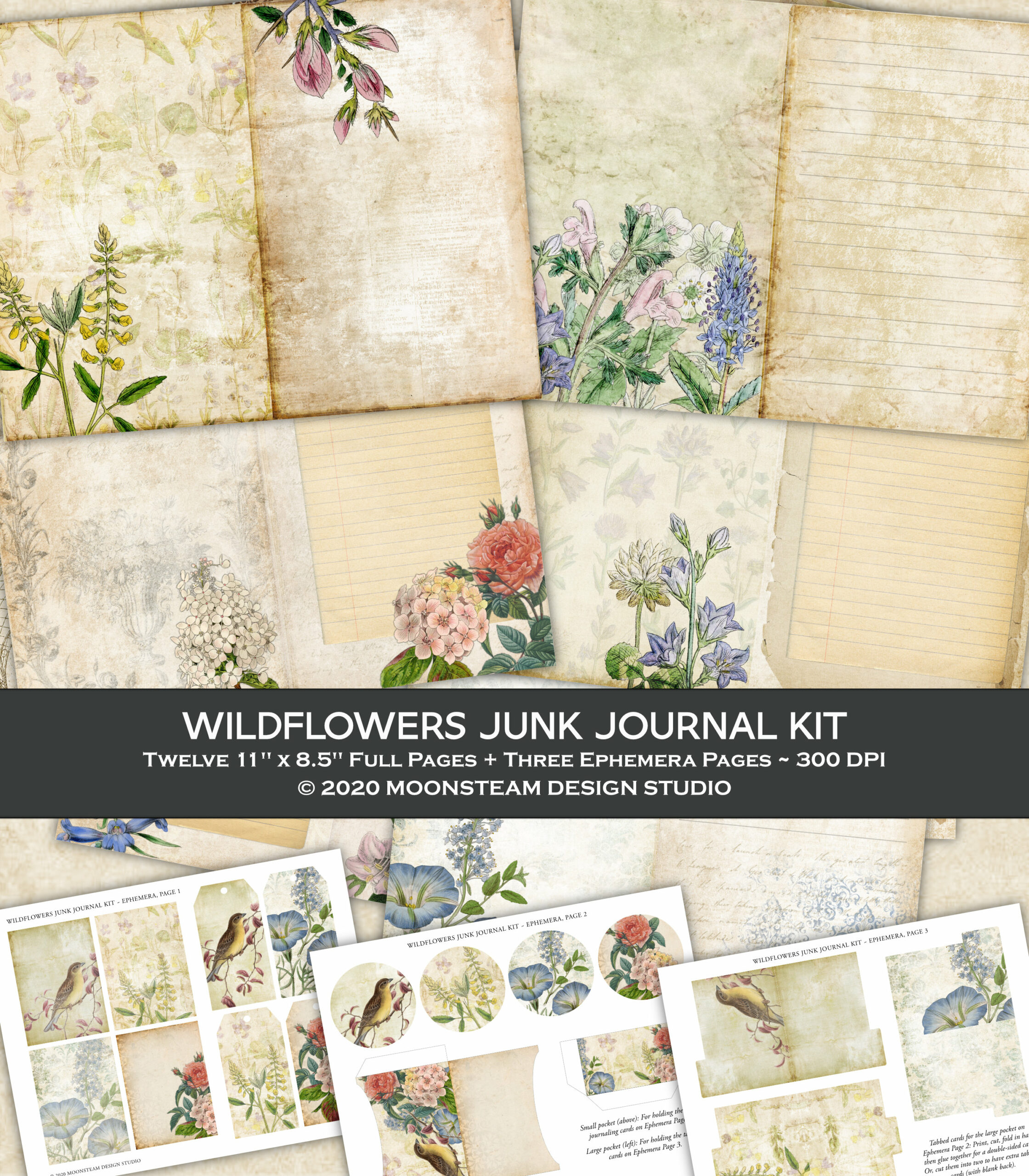 Vintage Wildflowers Junk Journal Kit by Moonsteam Design Studio