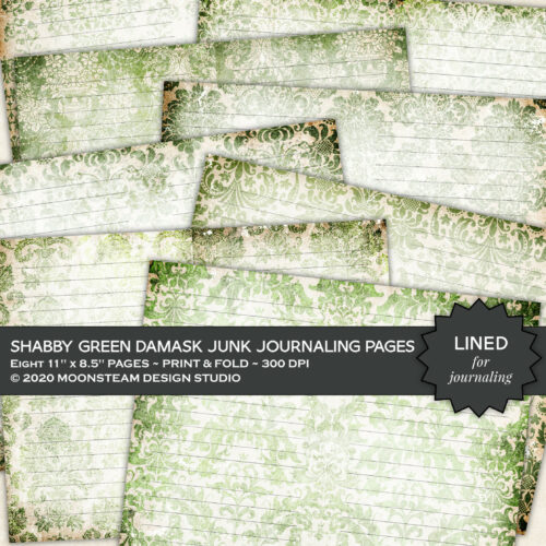 Shabby Green Damask Lined Journal Pages by Moonsteam Design Studio
