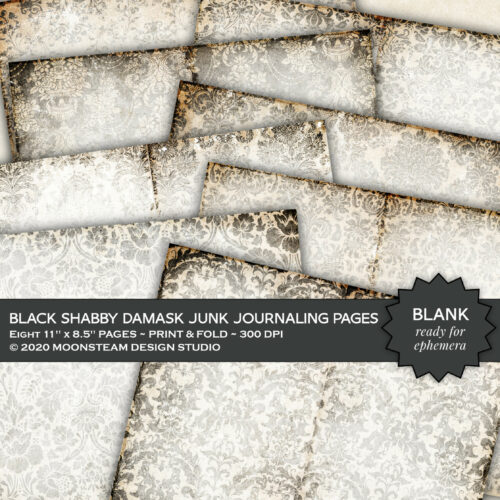 Black Shabby Damask Blank Journal Pages by Moonsteam Design Studio
