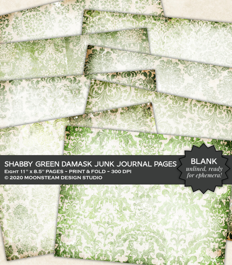 Shabby Green Damask Journal Pages by Moonsteam Design Studio