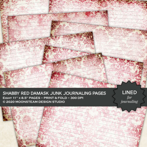 Shabby Red Damask Lined Journal Pages by Moonsteam Design Studio