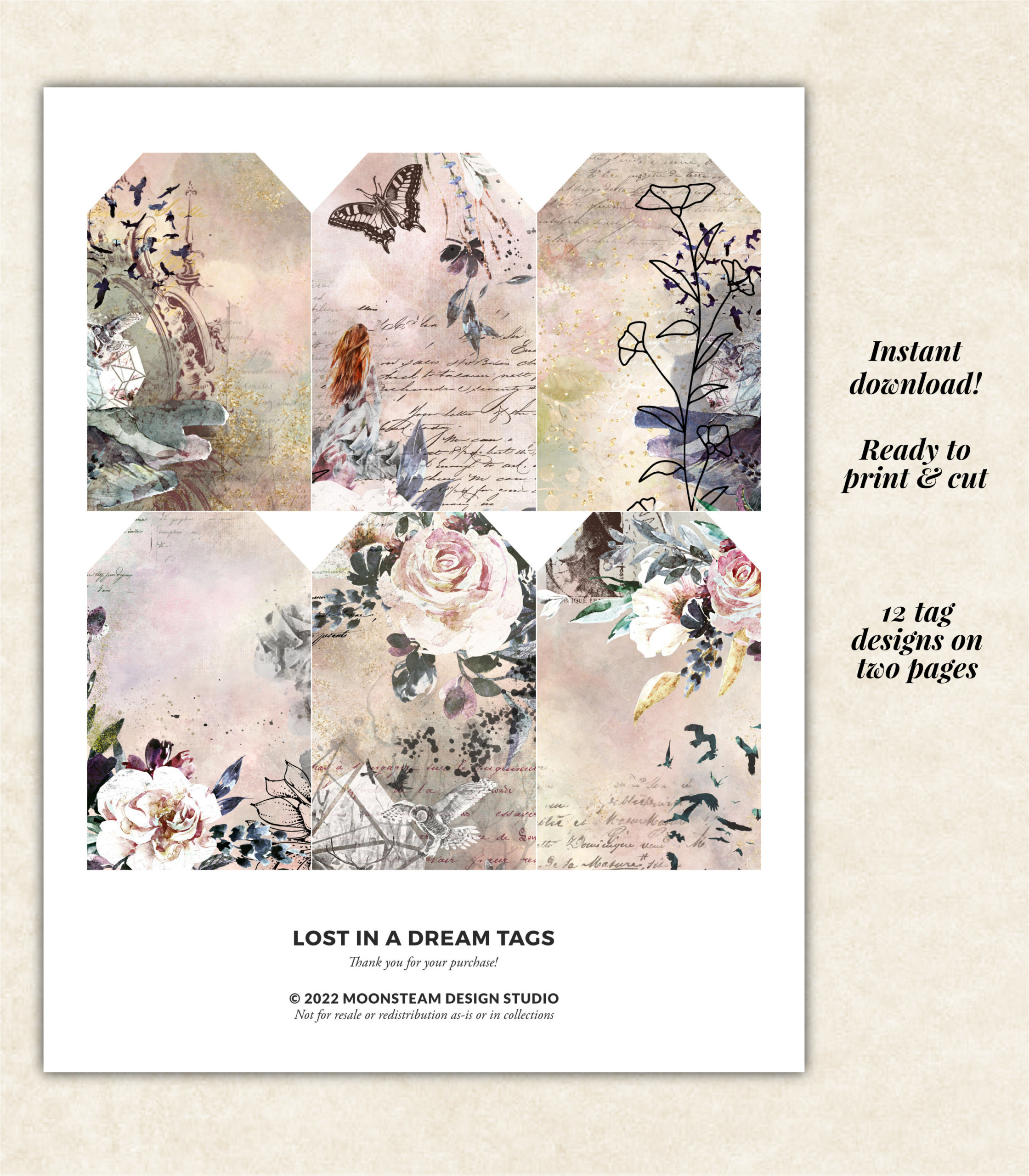 Lost in a Dream Ephemera Tags by Moonsteam Design Studio