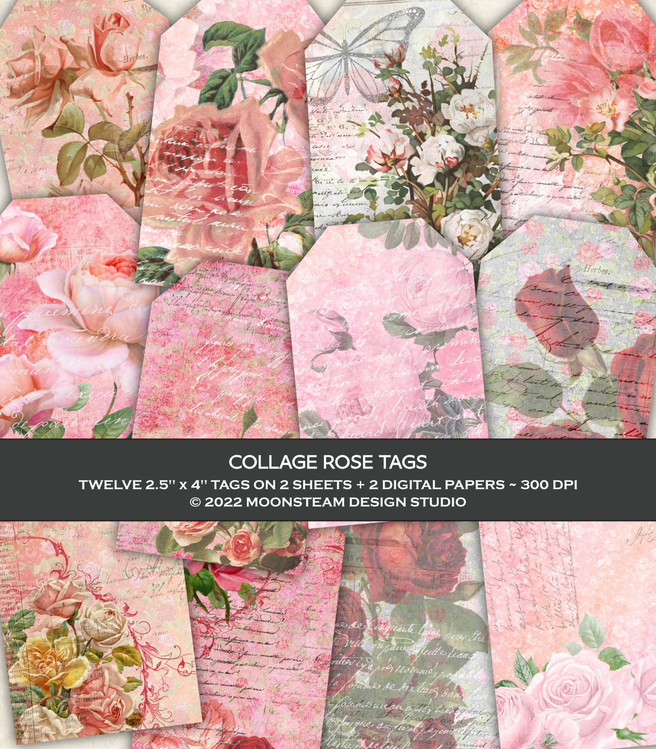 Collage Rose Printable Tags by Moonsteam Design Studio