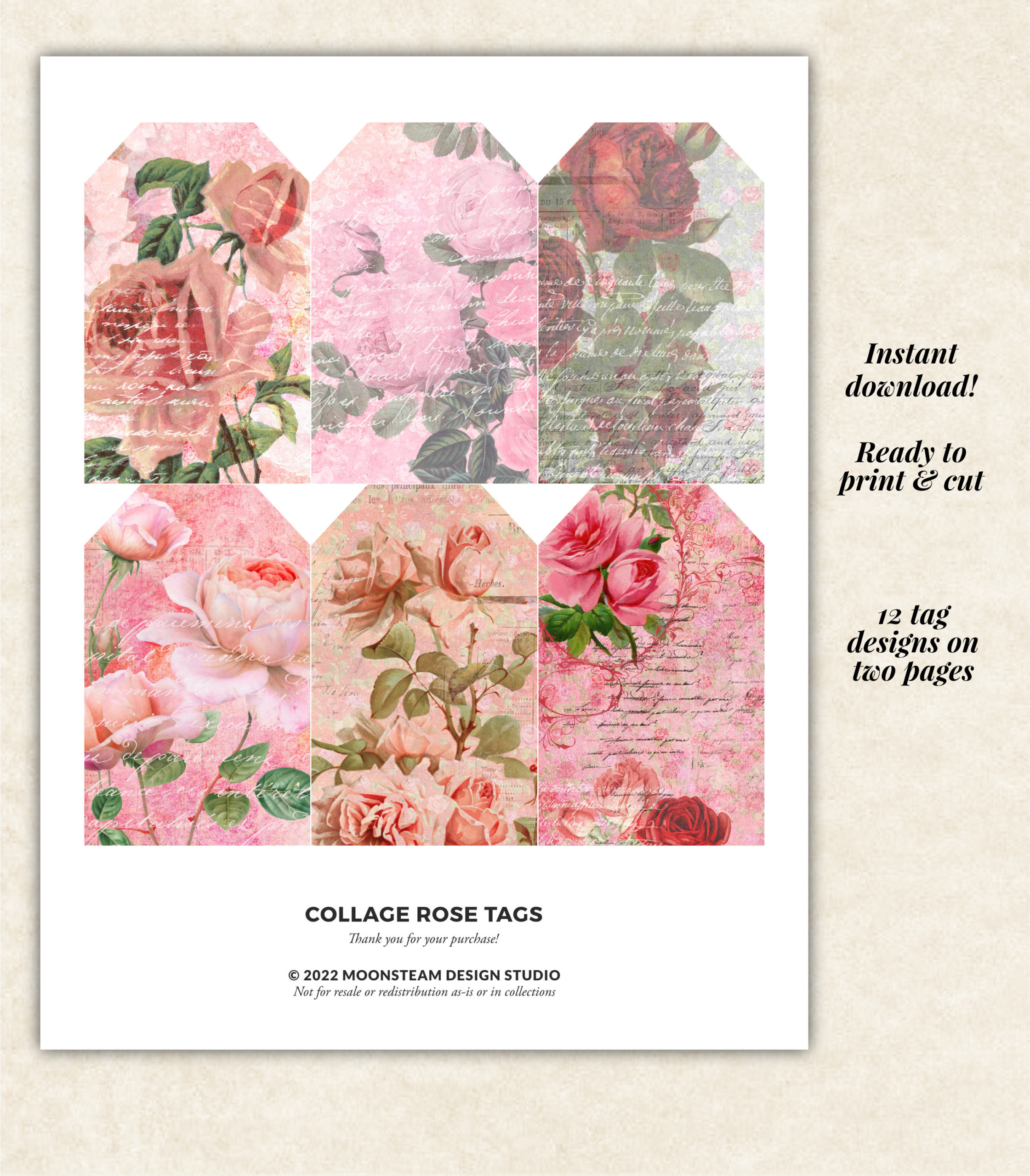Collage Rose Printable Tags by Moonsteam Design Studio