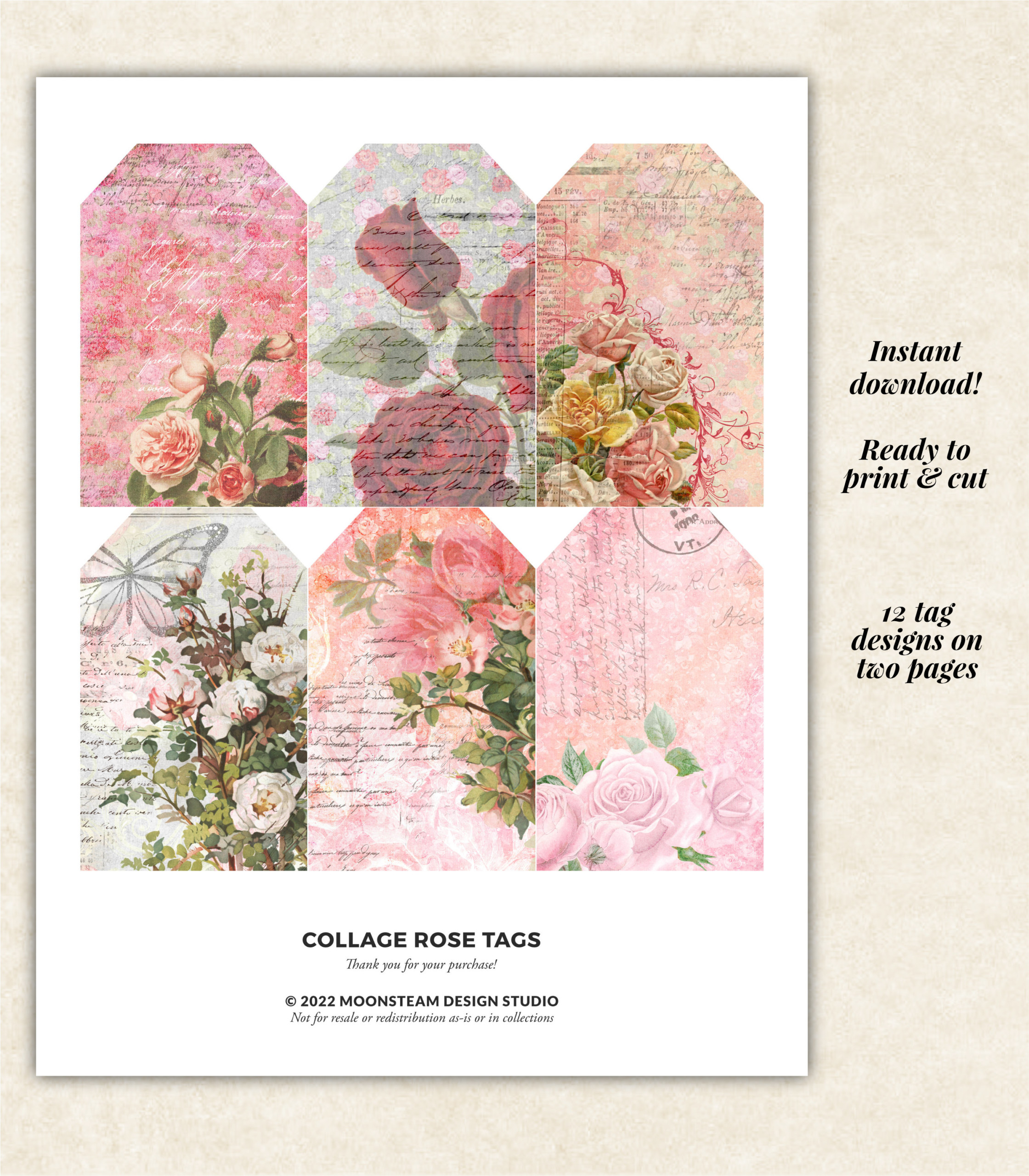 Collage Rose Printable Tags by Moonsteam Design Studio