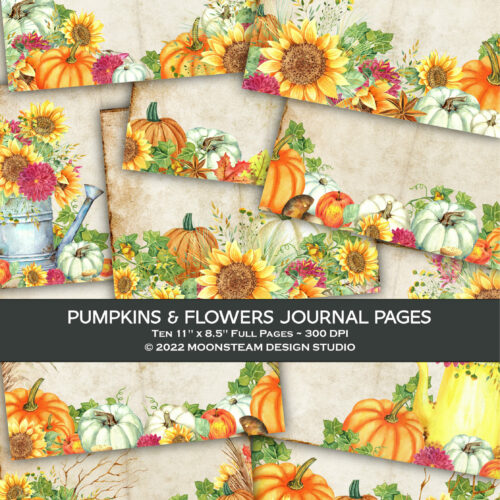 Pumpkins and Sunflowers Junk Journal Pages by Moonsteam Design Studio