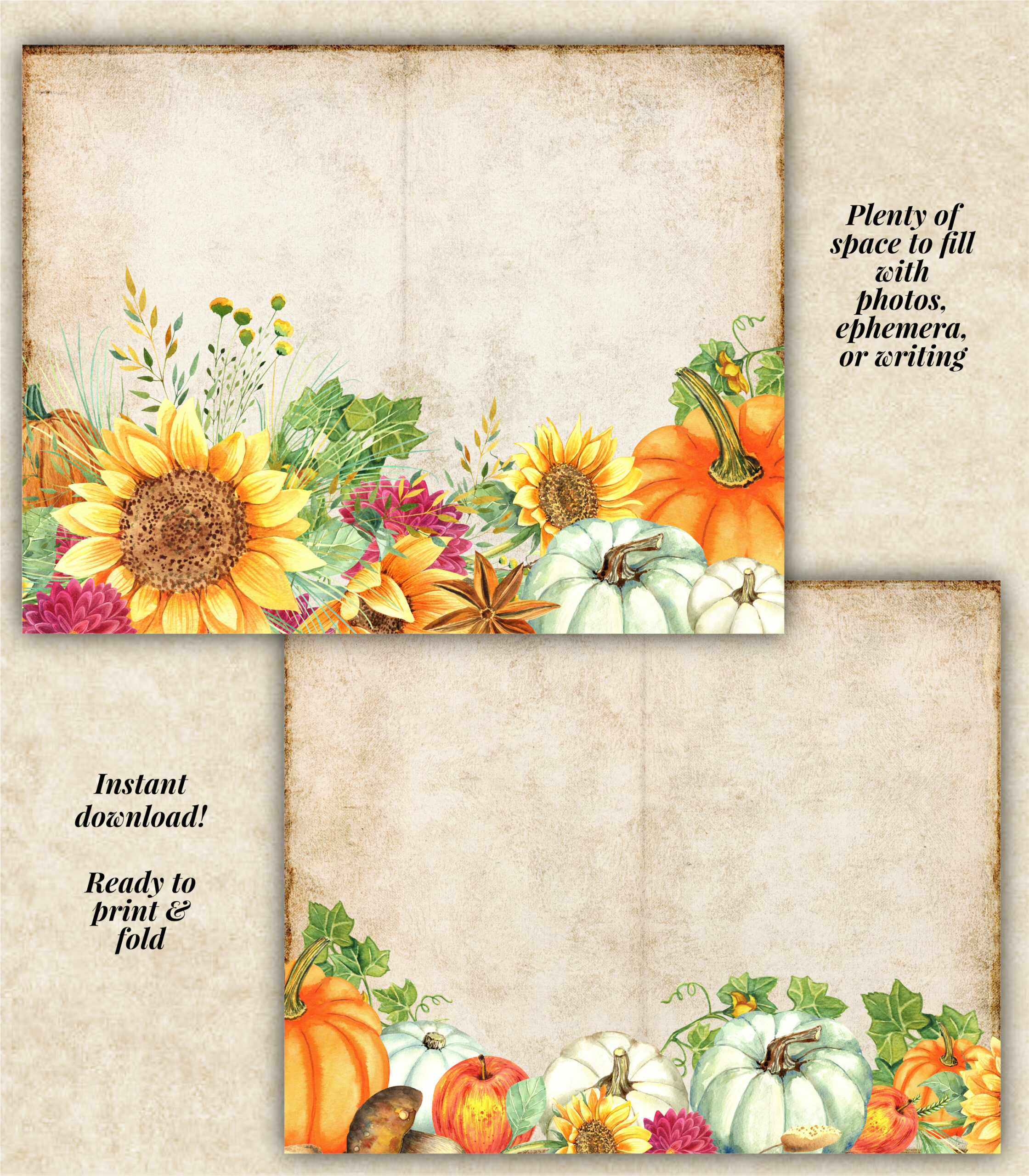 Pumpkins and Sunflowers Junk Journal Pages by Moonsteam Design Studio