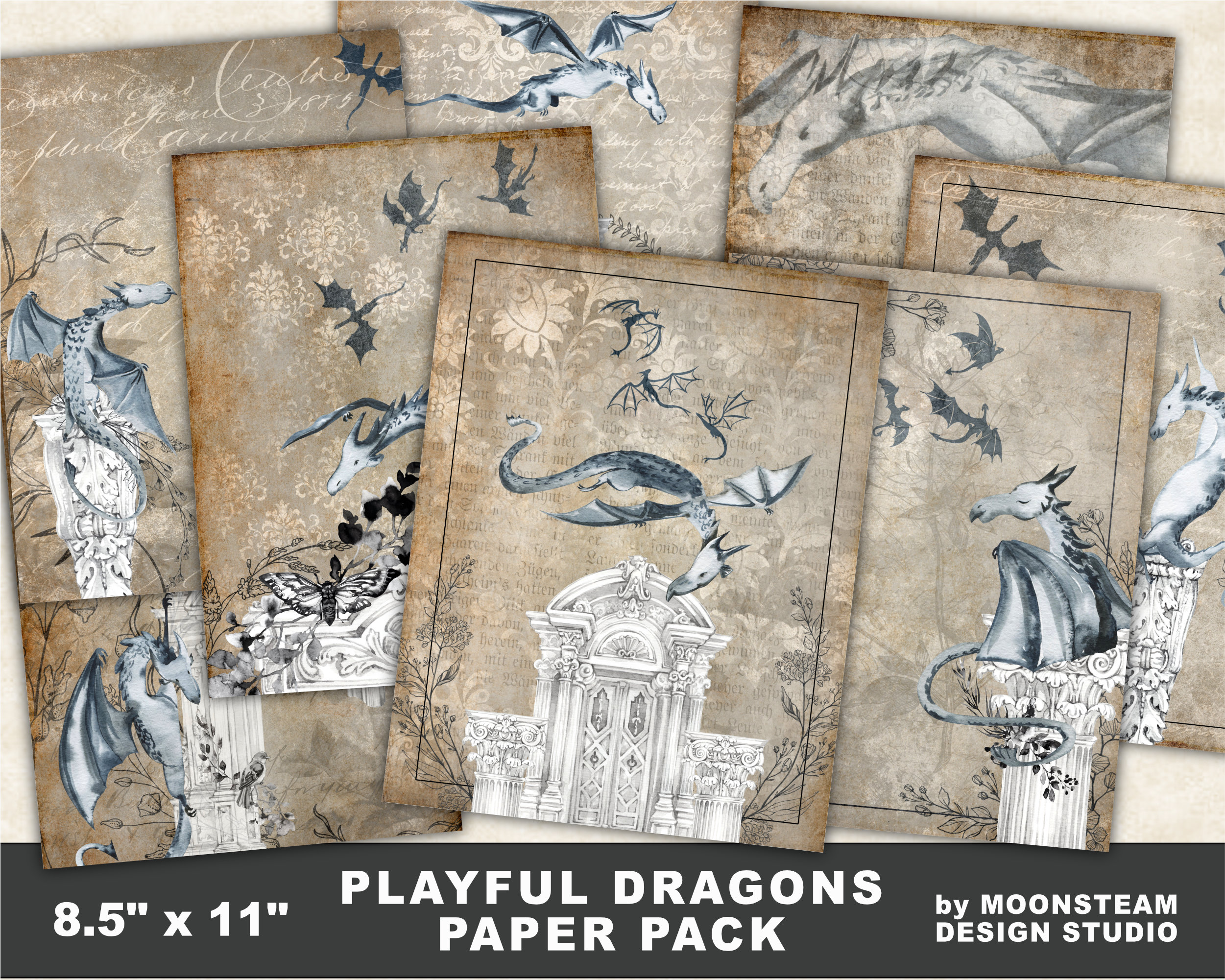 Playful Dragons Digital Papers by Moonsteam Design Studio